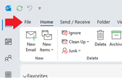 Arrow pointing to the File button in Outlook.